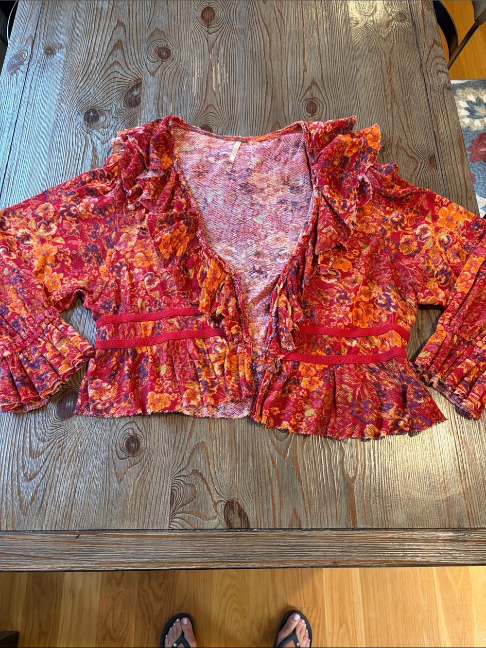 Free People Red, Orange & purple Floral Ruffle Crop Blouse